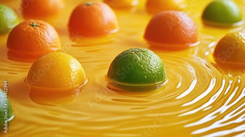 Citrus fruits floating in vibrant yellow water creating concentric circles and ripples Ideal for refreshing beverage or summer theme concepts photo