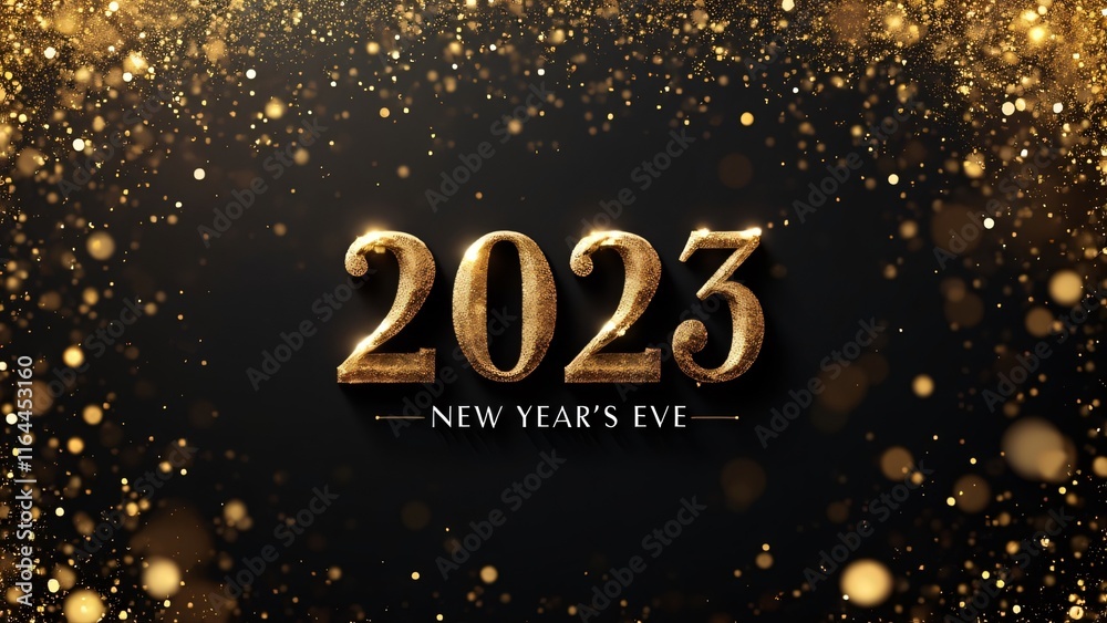 Sparkling 2023 New Year's Eve Greeting, Golden Glitter Numbers on Black Background Sparkling 2023 New Year's Eve Greeting, Golden Glitter Numbers on Black Background