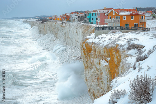 Photo réaliste professionnelle d’un village côtier perché sur une falaise, avec des maisons colorées bordant le sommet et des vagues se brisant contre les rochers en dessous photo