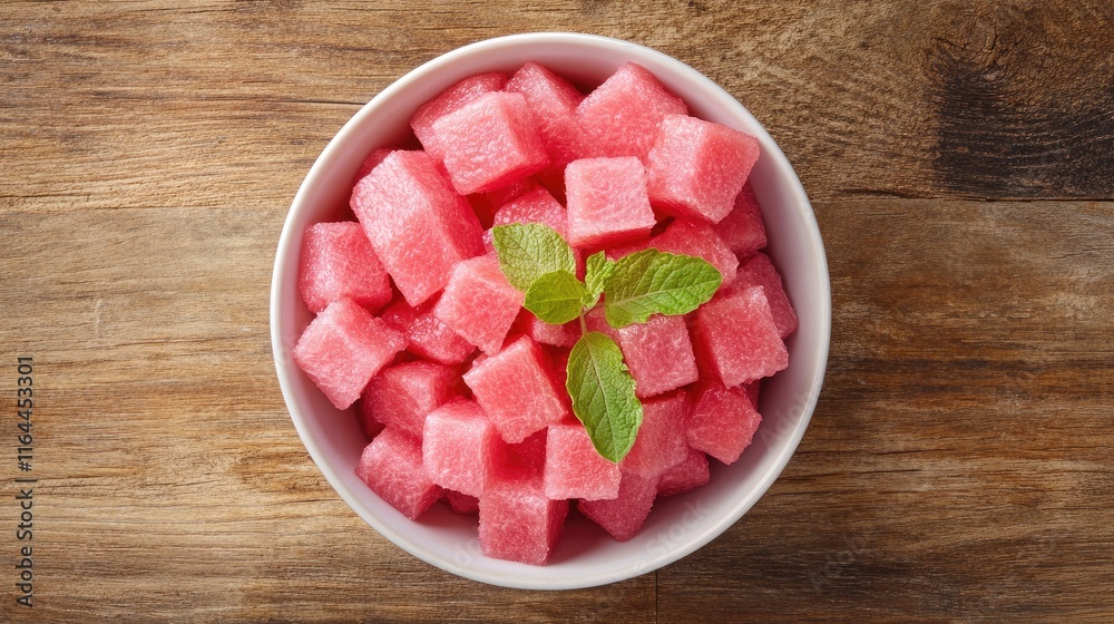 Refreshing Pink Melon Cubes Served in a White Bowl with Mint Leaves on a Rustic Wooden Table Refreshing Pink Melon Cubes Served in a White Bowl with Mint Leaves on a Rustic Wooden Table
