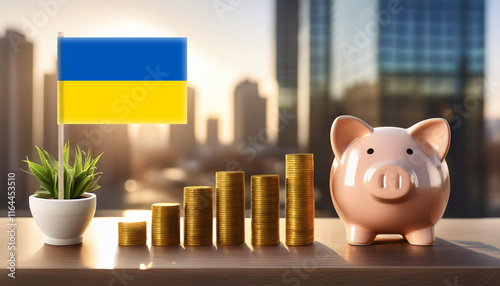 flag of Ukraine and piggy bank with columns of coins,against blurry city buildings.Business,earnings,make money,finance and economy concept. photo