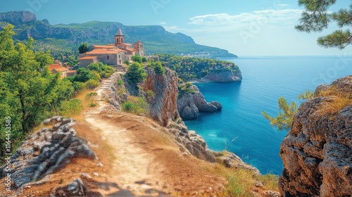 Majestic mountain monastery perched on rocky terrain with winding path surrou...