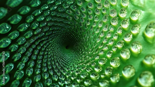 Abstract close-up of a green spiral texture with droplets resembling a cactus surface in a vibrant and captivating design photo