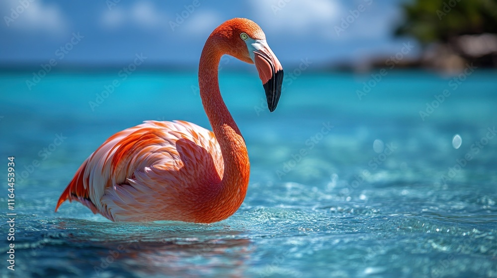 Fototapeta premium Pink flamingo wading in turquoise water.