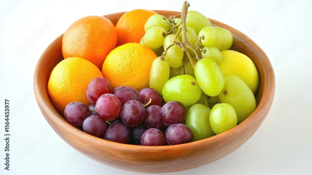 Freshly picked assorted fruits in a wooden bowl featuring oranges, grapes, and green grapes on a light background. Freshly picked assorted fruits in a wooden bowl featuring oranges, grapes, and green grapes on a light background.