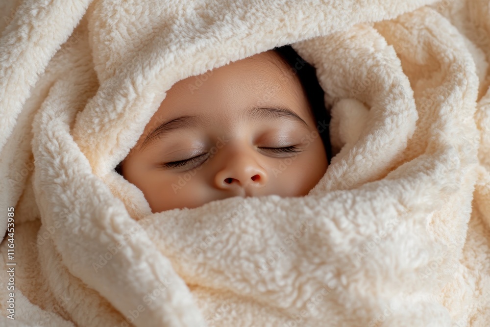 This image captures the sweet essence of a sleeping child wrapped in a fluffy warm blanket, symbolizing comfort and the beauty of peaceful slumber.