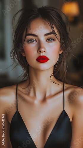 Portrait of a woman with striking red lips wearing a black dress in soft ligh...