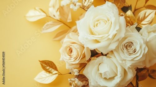 Elegant bouquet of white and cream roses decorated with gold leaves against a vibrant yellow background for sophisticated floral arrangement. photo