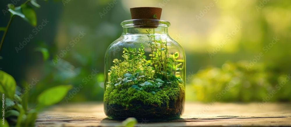 Vibrant terrarium with lush small plants in a glass bottle showcasing a miniature self-sustaining forest ecosystem in natural light. Vibrant terrarium with lush small plants in a glass bottle showcasing a miniature self-sustaining forest ecosystem in natural light.