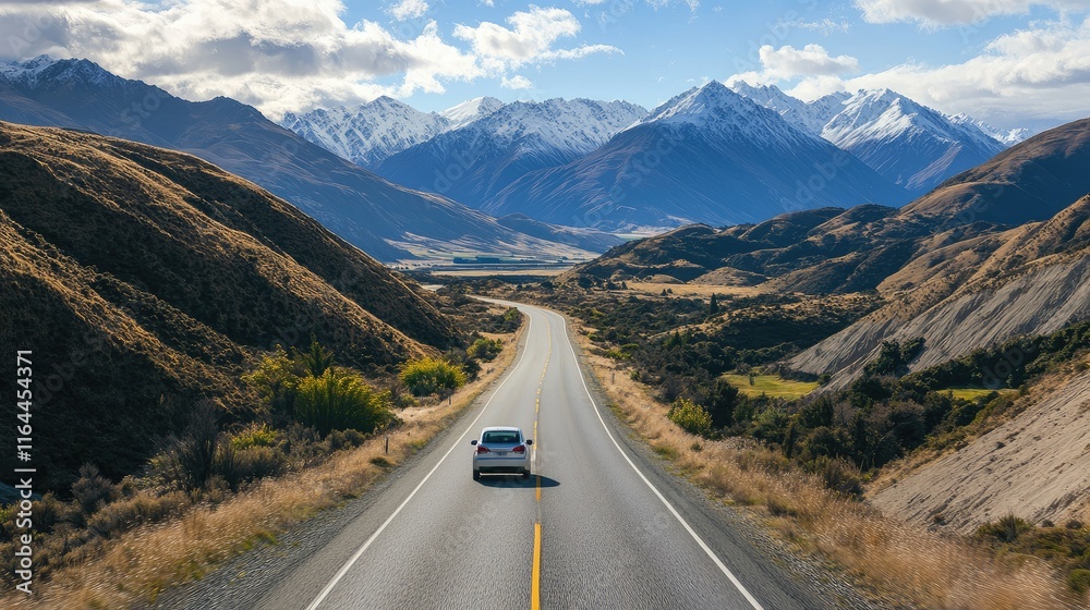 Fototapeta premium Car driving on a scenic road through mountains captured from a high vantage point on a clear day