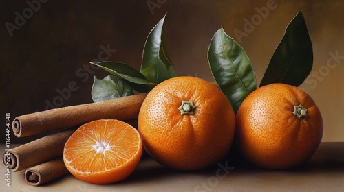 Cinnamon sticks with fresh tangerines and green leaves creating a warm and inviting arrangement for festive or culinary themes photo