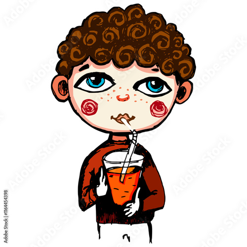 curly boy drinking juice vector illustration