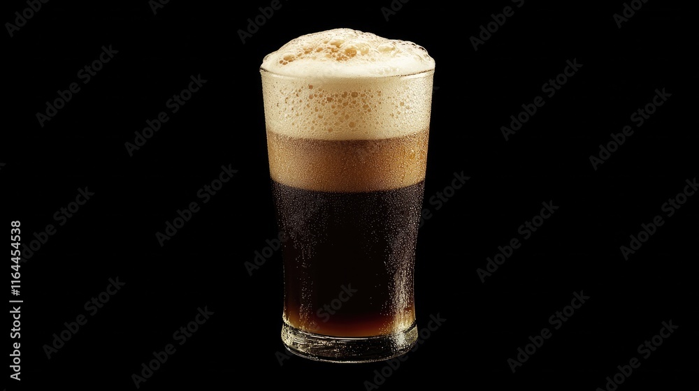 Refreshing glass of carbonated cola beverage with frothy foam on top against a dark background Refreshing glass of carbonated cola beverage with frothy foam on top against a dark background
