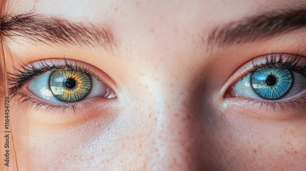 Obraz premium Close up of vibrant female eyes showcasing striking colorful contact lenses in natural lighting with freckled skin accents