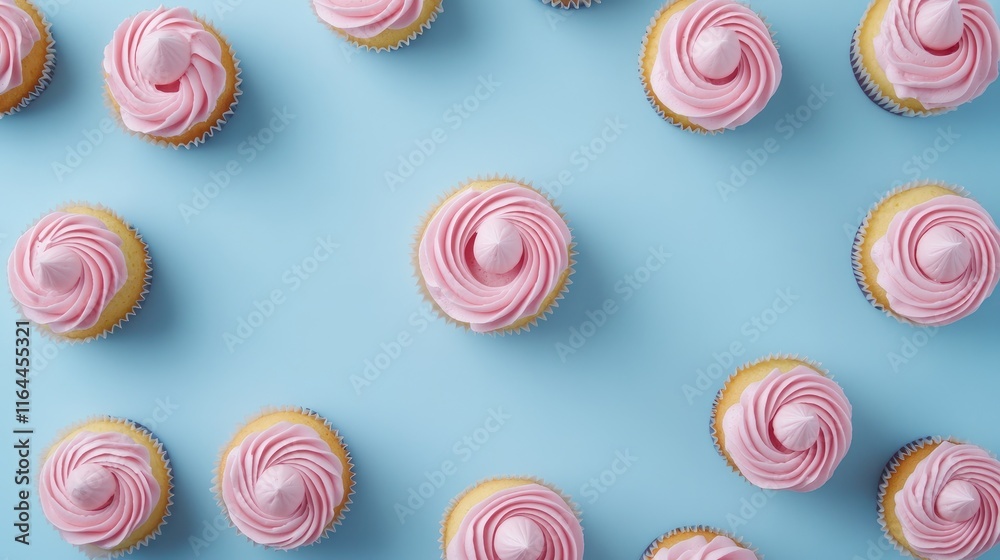 Circle of colorful cupcakes with pink frosting arranged on a pastel blue background for dessert and bakery concepts Circle of colorful cupcakes with pink frosting arranged on a pastel blue background for dessert and bakery concepts