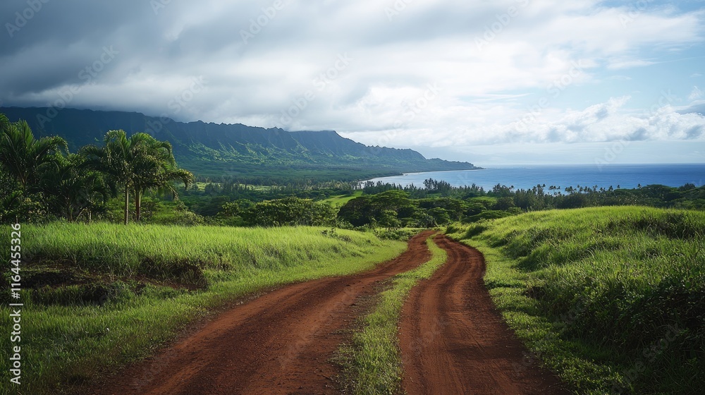 Fototapeta premium Scenic coastal dirt road meandering through lush fields with dramatic clouds and ocean views in the background