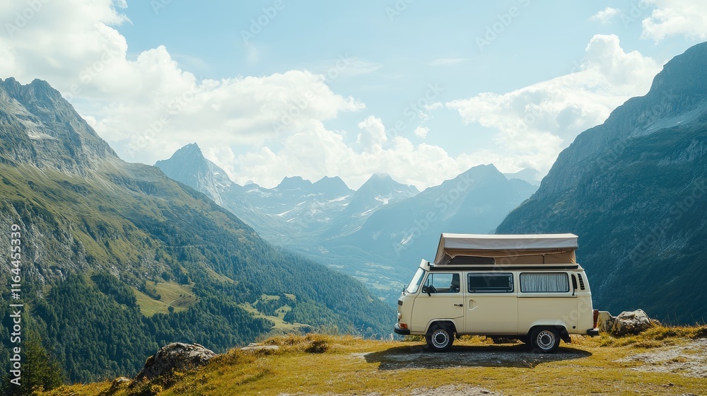 Camper van parked in scenic mountain landscape under blue sky during summer day ideal for travel and adventure themes Camper van parked in scenic mountain landscape under blue sky during summer day ideal for travel and adventure themes