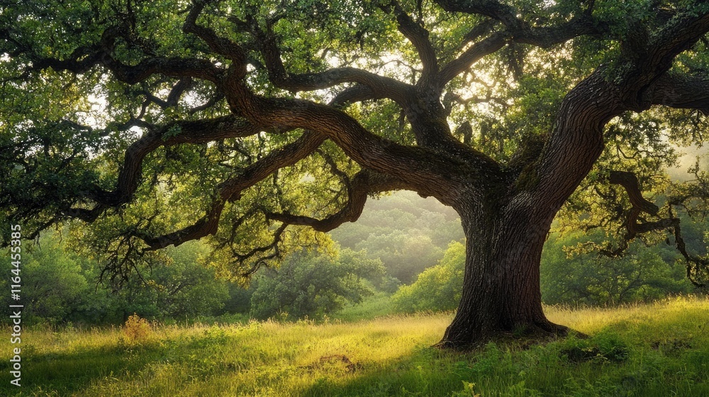 Majestic ancient oak tree with intricate bark patterns and dappled sunlight creating a serene and enchanting forest atmosphere. Majestic ancient oak tree with intricate bark patterns and dappled sunlight creating a serene and enchanting forest atmosphere.