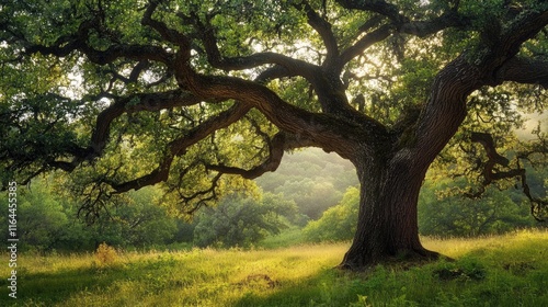 Majestic ancient oak tree with intricate bark patterns and dappled sunlight creating a serene and enchanting forest atmosphere. photo