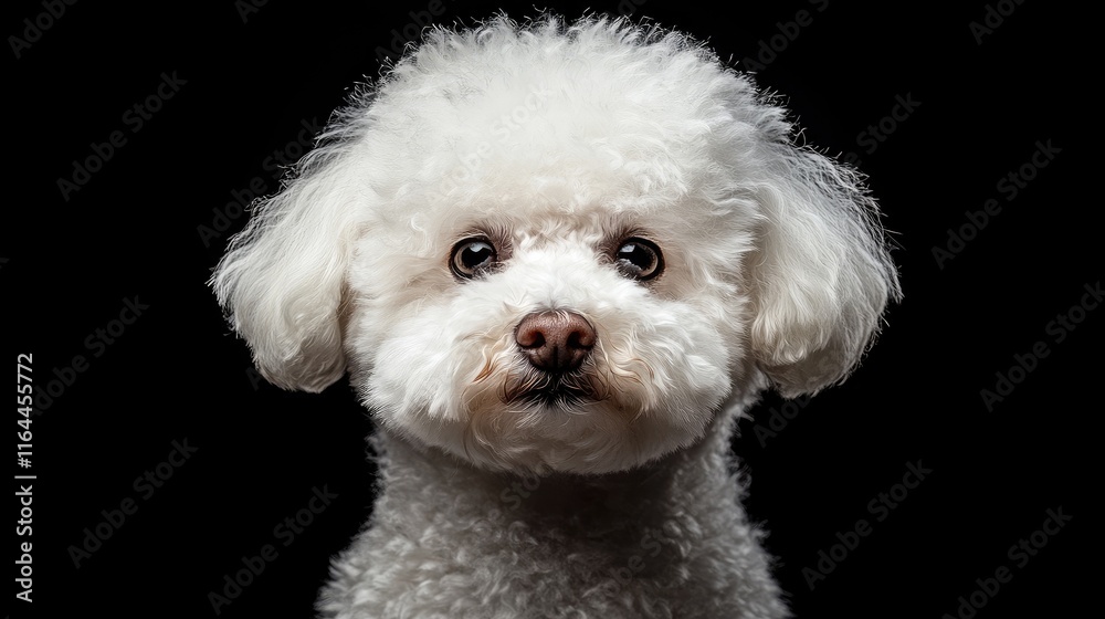 Close up portrait of a Bichon Frise dog with a fluffy coat looking directly at the camera against a dark background Close up portrait of a Bichon Frise dog with a fluffy coat looking directly at the camera against a dark background