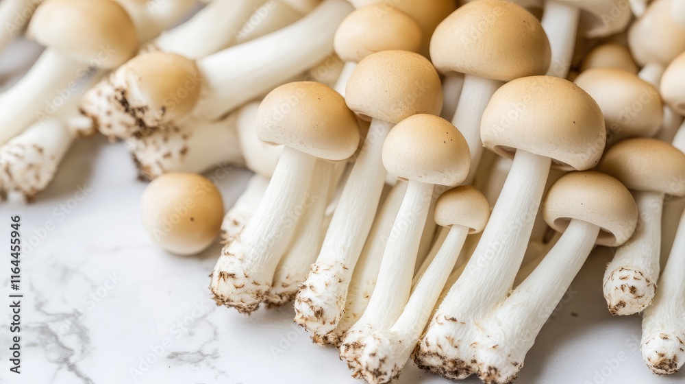 Close up of fresh enoki mushrooms showcasing delicate caps and slender stems on a light background for culinary inspiration. Close up of fresh enoki mushrooms showcasing delicate caps and slender stems on a light background for culinary inspiration.