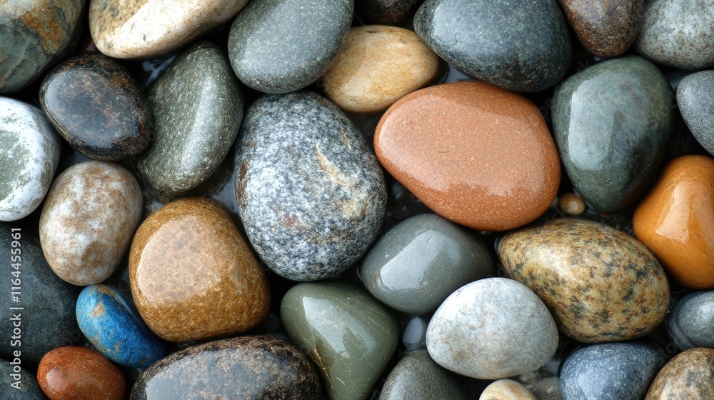 Variety of Smooth Pebbles on Wet Beach Surface with Natural Textures and Colors Variety of Smooth Pebbles on Wet Beach Surface with Natural Textures and Colors