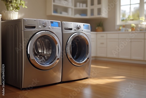 Bright laundry room with modern appliances and neatly arranged towels in a co...