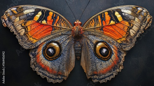 Colorful Caligo memnon butterfly with intricate wing patterns showcasing vibrant hues and detailed textures on a dark background.