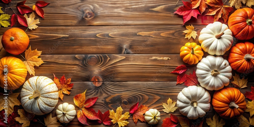 Fototapeta premium Autumnal Harvest Scene with Pumpkins and Colorful Leaves on Rustic Wooden Background