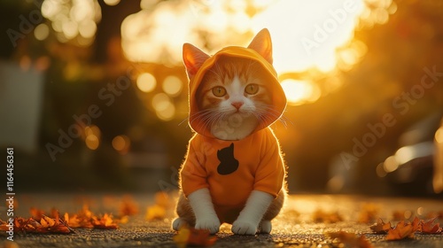 Adorable Cat in Halloween Costume Posing Outdoors at Sunset Surrounded by Autumn Leaves photo