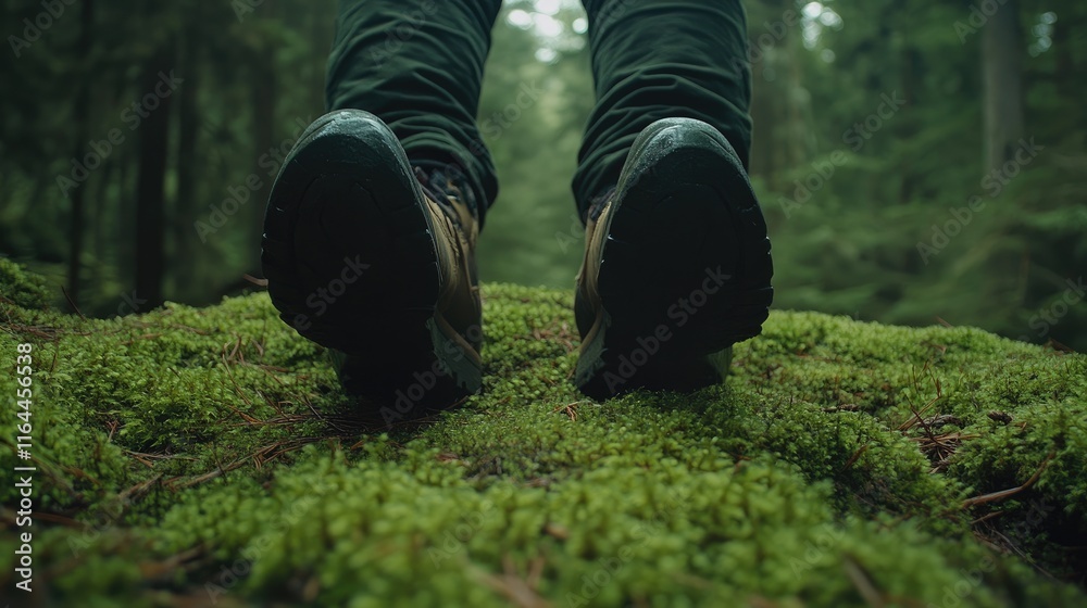 Close up view of hiking feet on lush green moss in a tranquil forest path surrounded by tall trees and natural greenery