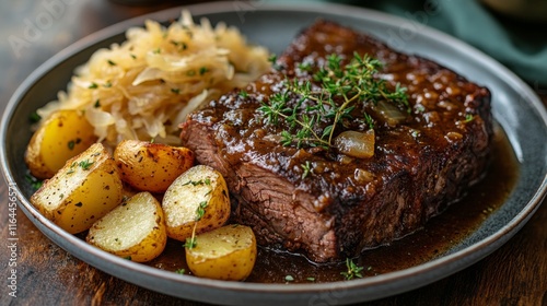 Succulent beef roast served with seasoned baby potatoes and garnished with fr...