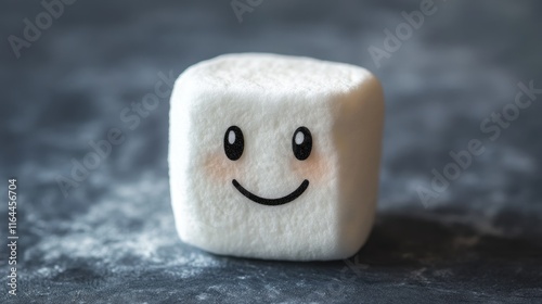 Cute smiling marshmallow character on a textured grey background ideal for ads promoting sweets or playful themes photo