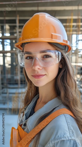 Construction worker smiling at the site with bright helmet and safety glasses...