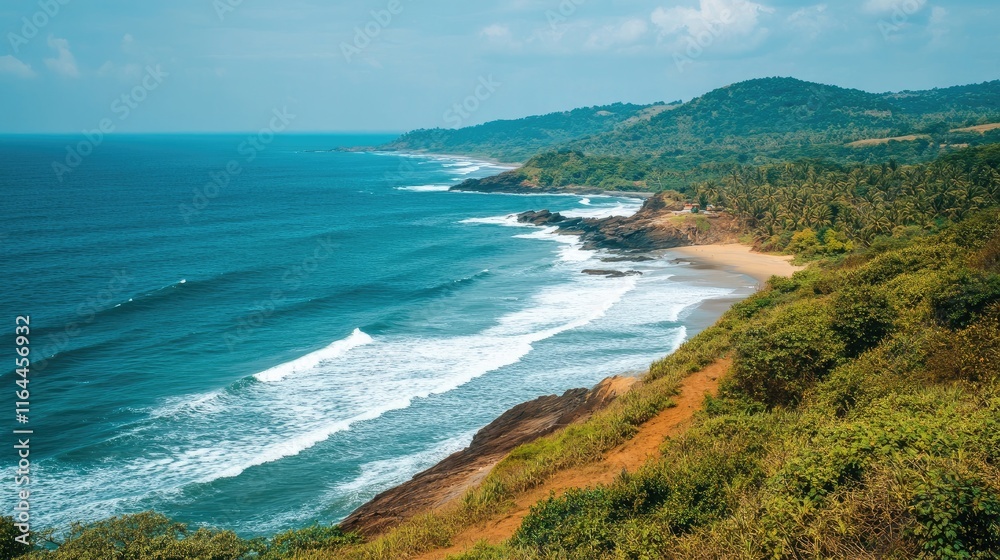 Obraz premium Scenic coastal view with lush greenery overlooking tranquil waves and rocky shoreline under a clear blue sky