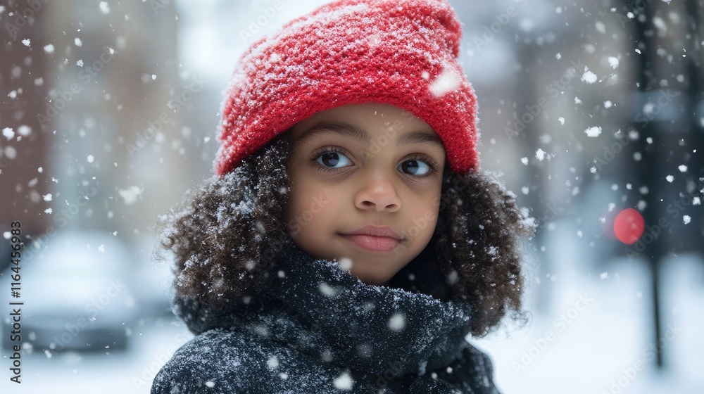 Child wearing a red hat and coat against a snowy backdrop capturing the essence of winter and childlike wonder in a cold environment Child wearing a red hat and coat against a snowy backdrop capturing the essence of winter and childlike wonder in a cold environment