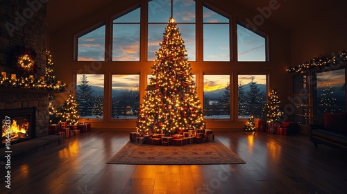 Warm holiday ambiance with a decorated Christmas tree and a cozy fireplace gl...
