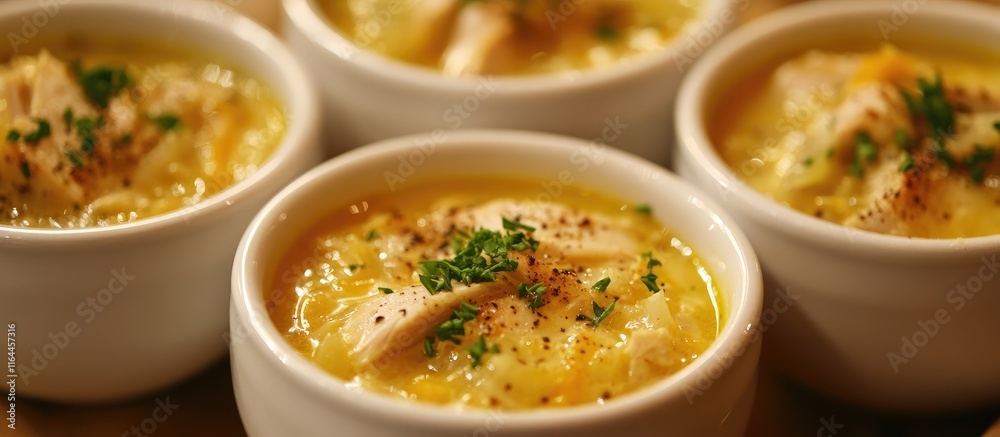 Hearty homemade turkey soup in four white ceramic bowls topped with fresh herbs and onions on a warm wooden surface Hearty homemade turkey soup in four white ceramic bowls topped with fresh herbs and onions on a warm wooden surface