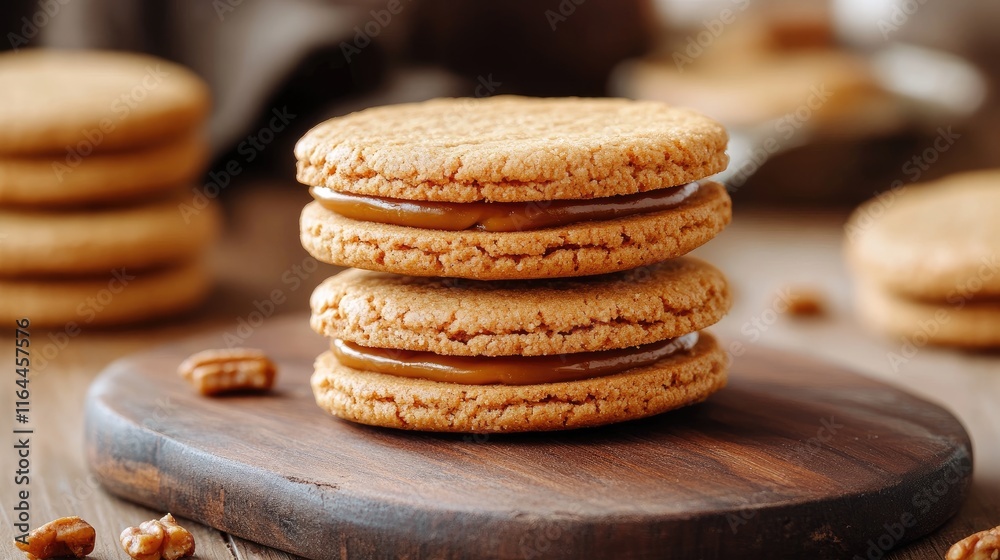 custom made wallpaper toronto digitalDelicious caramel cookie sandwich stacked on a rustic wooden board surrounded by ingredients in a cozy kitchen setting