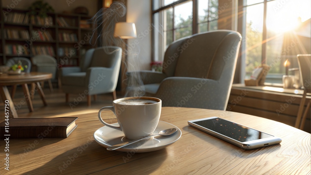 Steaming coffee cup on a wooden table with a smartphone in a cozy sunlit living room Steaming coffee cup on a wooden table with a smartphone in a cozy sunlit living room