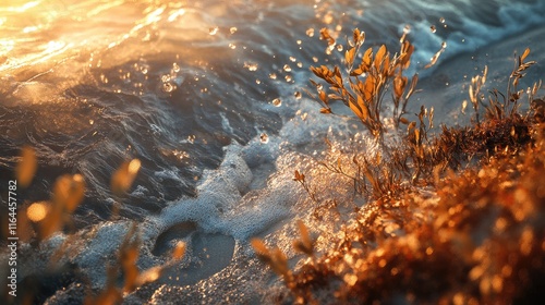 Fototapeta Naklejka Na Ścianę i Meble -  Baltic Sea Sunset Close Up of Sand Dunes Water Splashes and Coastal Plants Illuminated by Golden Light