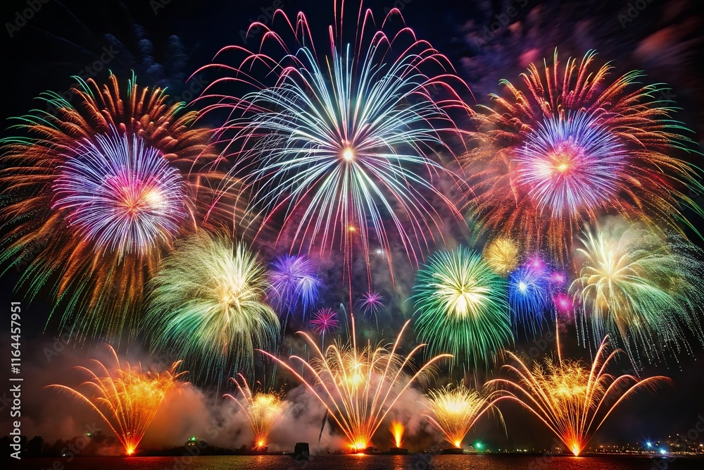 fireworks over the river with bokeh background. New Year celebration, Abstract holiday background fireworks over the river with bokeh background. New Year celebration, Abstract holiday background