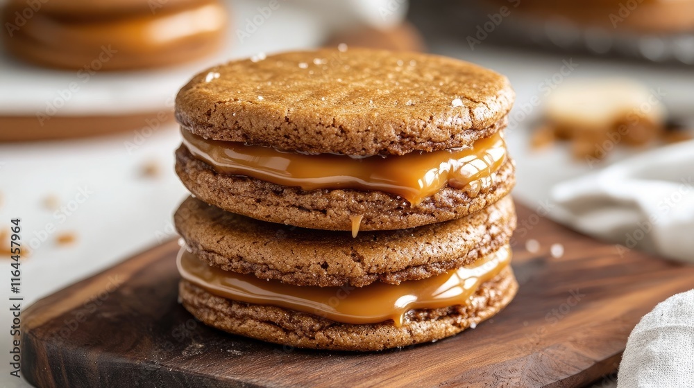 Caramel cookie sandwich stacked on a wooden board with a soft filling showcasing delicious texture and flavor. Caramel cookie sandwich stacked on a wooden board with a soft filling showcasing delicious texture and flavor.