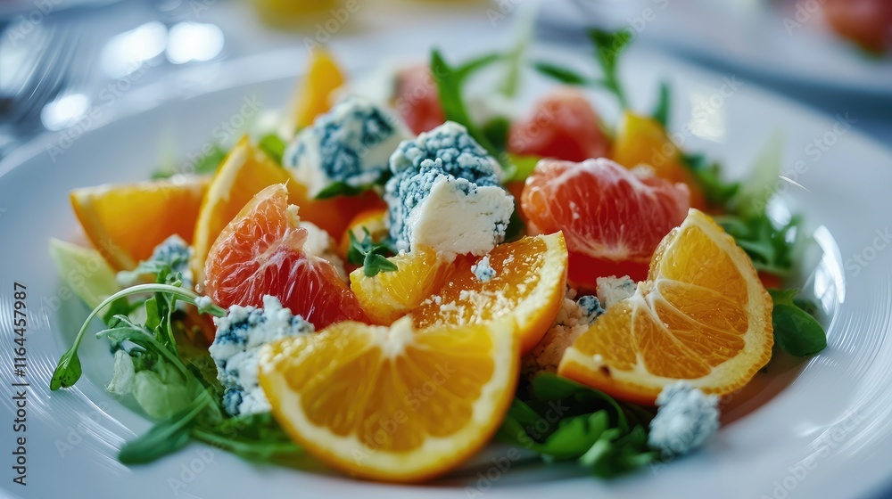 Colorful Citrus Salad with Blue Cheese and Mixed Greens in Elegant Plating Colorful Citrus Salad with Blue Cheese and Mixed Greens in Elegant Plating