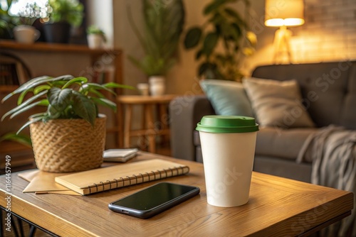 Cozy cafe scene with takeaway coffee cup, smartphone, and notepad on wooden table