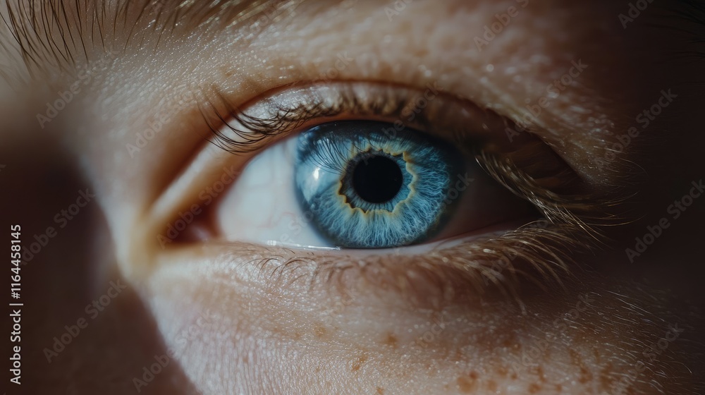 Macro Shot of a Bright Blue Eye with Clear Skin and Detailed Upper Eyelid Showing Natural Beauty and Unique Iris Patterns Macro Shot of a Bright Blue Eye with Clear Skin and Detailed Upper Eyelid Showing Natural Beauty and Unique Iris Patterns