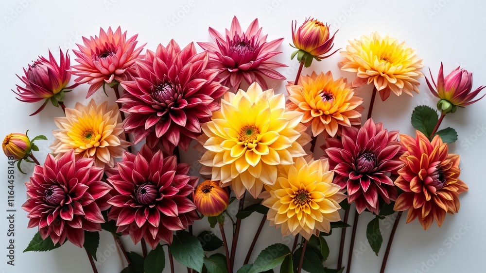 Fototapeta premium Vibrant Velvety Dahlias, A Lush Arrangement of Autumn Blooms on White Background