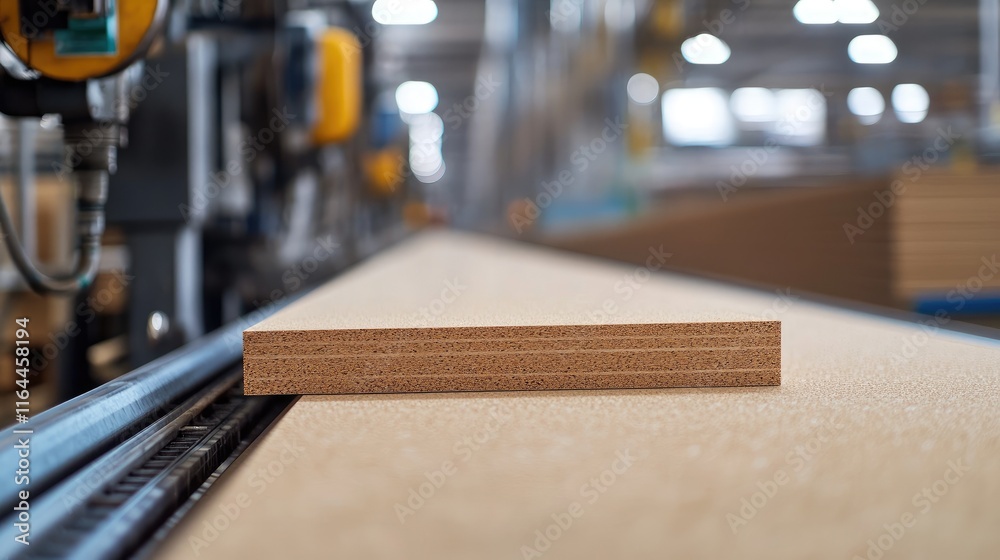 Fototapeta premium Close up of industrial machinery and wooden panel production line in a modern factory setting