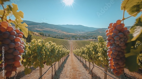 Sunset over vineyard with ripe grapes ready for harvest in autumn season photo