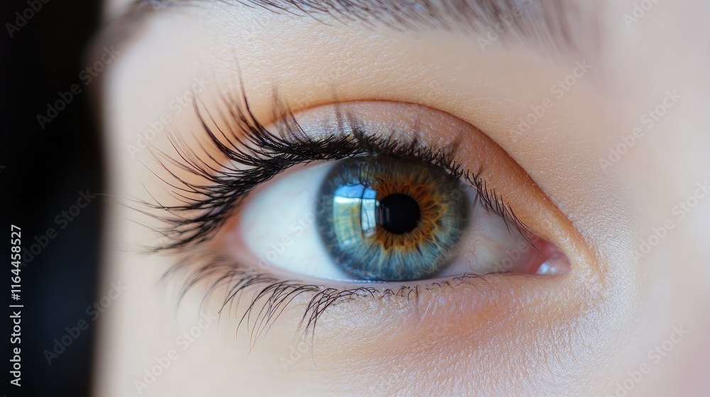 Fototapeta premium Close up of beautifully enhanced eye featuring eyelash extensions and undereye patches for eye care and beauty treatments